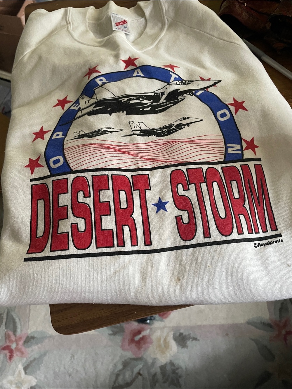 Jerzees Cream Crewneck Sweatshirt with Red Logo Tag